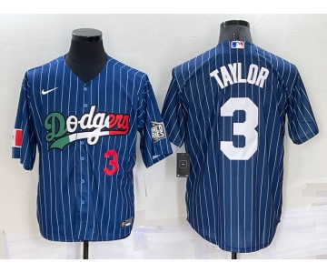 Mens Los Angeles Dodgers #3 Chris Taylor Number Navy Blue Pinstripe 2020 World Series Cool Base Nike Jersey