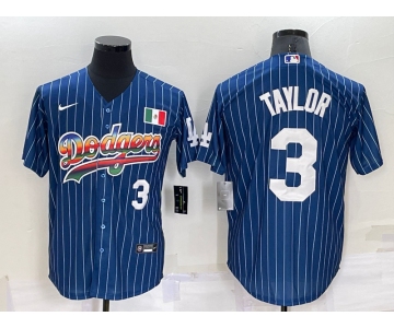 Men's Los Angeles Dodgers #3 Chris Taylor Number Rainbow Blue Red Pinstripe Mexico Cool Base Nike Jersey