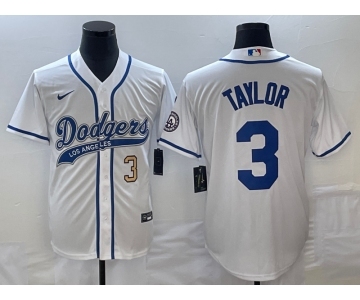 Men's Los Angeles Dodgers #3 Chris Taylor Number White With Patch Cool Base Stitched Baseball Jersey