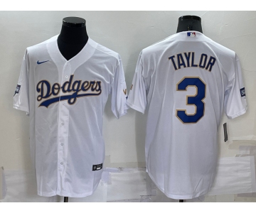 Men's Los Angeles Dodgers #3 Chris Taylor White Gold Championship Stitched MLB Cool Base Nike Jersey