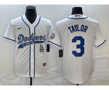 Men's Los Angeles Dodgers #3 Chris Taylor White With Patch Cool Base Stitched Baseball Jersey1