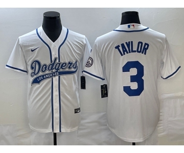 Men's Los Angeles Dodgers #3 Chris Taylor White With Patch Cool Base Stitched Baseball Jersey