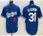 Men's Los Angeles Dodgers #31 Tyler Glasnow Number Blue Stitched Cool Base Nike Jersey