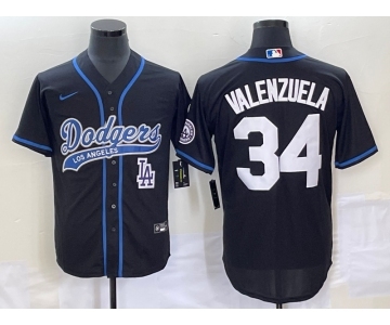 Men's Los Angeles Dodgers #34 Fernando Valenzuela Black With Patch Cool Base Stitched Baseball Jersey1