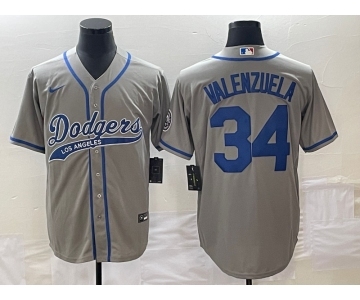 Men's Los Angeles Dodgers #34 Fernando Valenzuela Grey With Patch Cool Base Stitched Baseball Jersey1