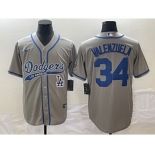 Men's Los Angeles Dodgers #34 Fernando Valenzuela Grey With Patch Cool Base Stitched Baseball Jersey