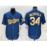 Men's Los Angeles Dodgers #34 Fernando Valenzuela Navy Blue Gold Pinstripe Stitched MLB Cool Base Nike Jersey