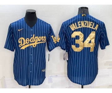 Men's Los Angeles Dodgers #34 Fernando Valenzuela Navy Blue Gold Pinstripe Stitched MLB Cool Base Nike Jersey