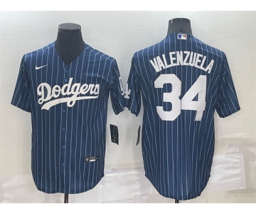 Men's Los Angeles Dodgers #34 Fernando Valenzuela Navy Blue Pinstripe Stitched MLB Cool Base Nike Jersey