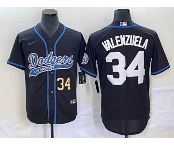 Men's Los Angeles Dodgers #34 Fernando Valenzuela Number Black With Patch Cool Base Stitched Baseball Jersey