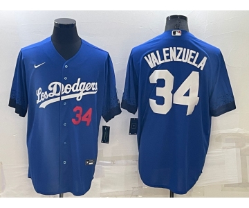 Men's Los Angeles Dodgers #34 Fernando Valenzuela Number Blue 2021 City Connect Cool Base Stitched Jersey