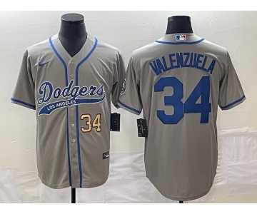 Men's Los Angeles Dodgers #34 Fernando Valenzuela Number Grey With Patch Cool Base Stitched Baseball Jersey