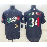 Men's Los Angeles Dodgers #34 Fernando Valenzuela Number Mexico Black Cool Base Stitched Baseball Jersey