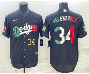 Men's Los Angeles Dodgers #34 Fernando Valenzuela Number Mexico Black Cool Base Stitched Baseball Jersey