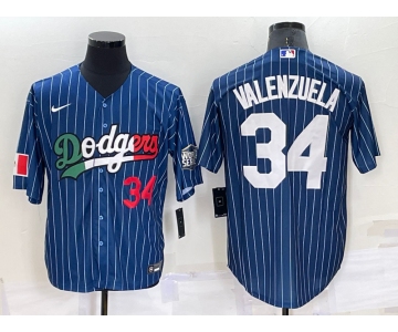 Men's Los Angeles Dodgers #34 Fernando Valenzuela Number Navy Blue Pinstripe 2020 World Series Cool Base Nike Jersey