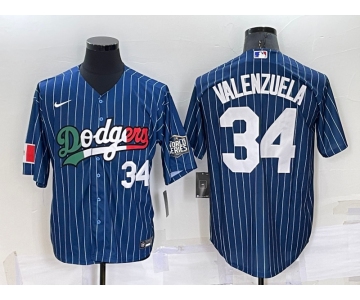 Men's Los Angeles Dodgers #34 Fernando Valenzuela Number Navy Blue Pinstripe Mexico 2020 World Series Cool Base Nike Jersey