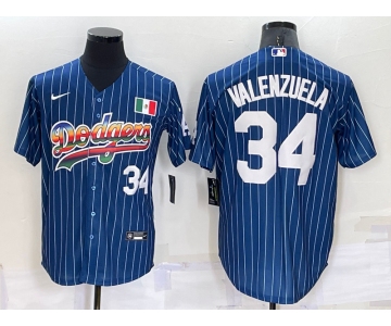 Men's Los Angeles Dodgers #34 Fernando Valenzuela Number Rainbow Blue Red Pinstripe Mexico Cool Base Nike Jersey