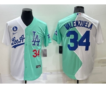 Men's Los Angeles Dodgers #34 Fernando Valenzuela White Green Number 2022 Celebrity Softball Game Cool Base Jersey1