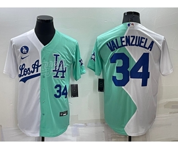 Mens Los Angeles Dodgers #34 Fernando Valenzuela White Green Number 2022 Celebrity Softball Game Cool Base Jersey