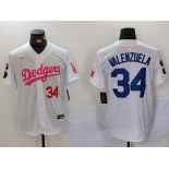 Men's Los Angeles Dodgers #34 Fernando Valenzuela White Pink Vin & Kobe Patch Stitched Baseball Jersey1