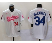 Men's Los Angeles Dodgers #34 Fernando Valenzuela White Pink Vin & Kobe Patch Stitched Baseball Jersey1