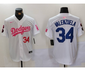 Men's Los Angeles Dodgers #34 Fernando Valenzuela White Pink Vin & Kobe Patch Stitched Baseball Jersey1