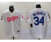 Men's Los Angeles Dodgers #34 Fernando Valenzuela White Pink Vin & Kobe Patch Stitched Baseball Jersey