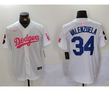 Men's Los Angeles Dodgers #34 Fernando Valenzuela White Pink Vin & Kobe Patch Stitched Baseball Jersey