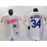 Men's Los Angeles Dodgers #34 Fernando Valenzuela White Pink Vin & Kobe Patch Stitched Baseball Jerseys