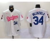 Men's Los Angeles Dodgers #34 Fernando Valenzuela White Pink Vin & Kobe Patch Stitched Baseball Jerseys