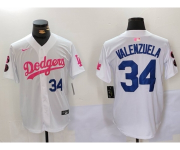 Men's Los Angeles Dodgers #34 Fernando Valenzuela White Pink Vin & Kobe Patch Stitched Baseball Jerseys