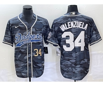 Men's Los Angeles Dodgers #34 Toro Valenzuela Number Gray Camo Cool Base With Patch Stitched Baseball Jersey