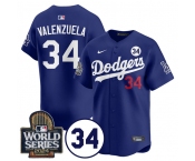 Men's Los Angeles Dodgers #34 Toro Valenzuela Royal 2024 World Series With No. 34 Patch Cool Base Stitched Baseball Jersey