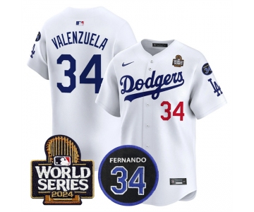 Men's Los Angeles Dodgers #34 Toro Valenzuela White 2024 World Series With Fernando Memorial Patch Limited Stitched Baseball Jersey