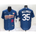 Mens Los Angeles Dodgers #35 Cody Bellinger Number Navy Blue Pinstripe Mexico 2020 World Series Cool Base Nike Jersey