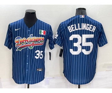 Mens Los Angeles Dodgers #35 Cody Bellinger Number Rainbow Blue Red Pinstripe Mexico Cool Base Nike Jersey