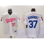 Men's Los Angeles Dodgers #37 Teoscar Hernández White Pink Vin & Kobe Patch Stitched Baseball Jersey1