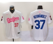 Men's Los Angeles Dodgers #37 Teoscar Hernández White Pink Vin & Kobe Patch Stitched Baseball Jersey1