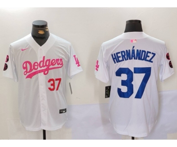 Men's Los Angeles Dodgers #37 Teoscar Hernández White Pink Vin & Kobe Patch Stitched Baseball Jersey1