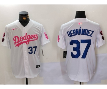 Men's Los Angeles Dodgers #37 Teoscar Hernández White Pink Vin & Kobe Patch Stitched Baseball Jerseys