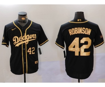 Men's Los Angeles Dodgers #42 Jackie Robinson Number Black Gold World Series Champions Cool Base Stitched Jersey