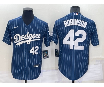 Men's Los Angeles Dodgers #42 Jackie Robinson Number Navy Blue Pinstripe Stitched MLB Cool Base Nike Jersey