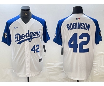 Mens Los Angeles Dodgers #42 Jackie Robinson Number White Blue Fashion Stitched Cool Base Limited Jersey