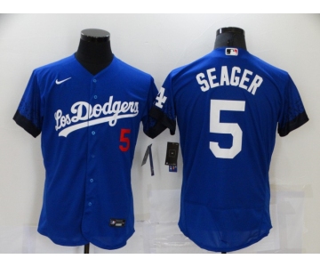 Men's Los Angeles Dodgers #5 Corey Seager Blue 2021 City Connect Flex Base Stitched Jersey