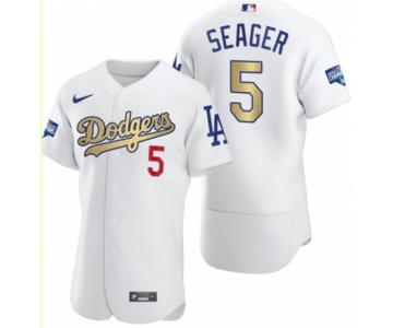 Men's Los Angeles Dodgers #5 Corey Seager Olive Gold 2020 World Series Champions Authentic Jersey