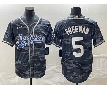 Men's Los Angeles Dodgers #5 Freddie Freeman Gray Camo Cool Base With Patch Stitched Baseball Jersey