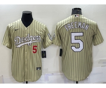 Men's Los Angeles Dodgers #5 Freddie Freeman Number Cream Pinstripe Stitched MLB Cool Base Nike Jersey