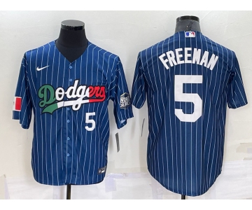 Men's Los Angeles Dodgers #5 Freddie Freeman Number Navy Blue Pinstripe 2020 World Series Cool Base Nike Jersey