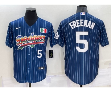 Mens Los Angeles Dodgers #5 Freddie Freeman Number Rainbow Blue Red Pinstripe Mexico Cool Base Nike Jersey