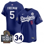 Men's Los Angeles Dodgers #5 Freddie Freeman Royal 2024 World Series With No. 34 Patch Cool Base Stitched Baseball Jersey